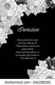 beautiful monochrome floral frame on black background. For your design of greeting cards, invitations and greeting cards for birthday, Valentine's day, wedding, party and more. Vector illustration.