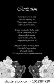 beautiful monochrome floral frame on black background. For your design of greeting cards, invitations and greeting cards for birthday, Valentine's day, wedding, party and more. Vector illustration.