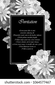 Beautiful monochrome floral frame on black background. For your postcard design, invitations and greeting cards for birthday, wedding, Valentine's day, party or celebration. Vector illustration.