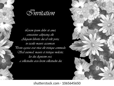 Beautiful monochrome floral frame on black background. For your postcard design, invitations and greeting cards for birthday, wedding, Valentine's day, party or celebration. Vector illustration.