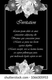 Beautiful monochrome floral frame on black background. For your postcard design, invitations and greeting cards for birthday, wedding, Valentine's day, party or celebration. Vector illustration.