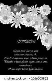 Beautiful monochrome floral frame on black background. For your postcard design, invitations and greeting cards for birthday, wedding, Valentine's day, party or celebration. Vector illustration.