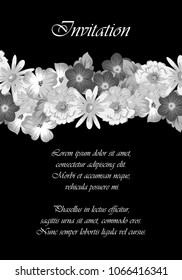 Beautiful monochrome floral frame on black background. For your postcard design, invitations and greeting cards for birthday, wedding, Valentine's day, party or celebration. Vector illustration.
