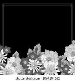 Beautiful monochrome floral frame on black background. For your postcard design, invitations and greeting cards for birthday, wedding, Valentine's day, party or celebration. Vector illustration.