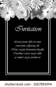 Beautiful monochrome floral frame on black background. For your postcard design, invitations and greeting cards for birthday, wedding, Valentine's day, party or celebration. Vector illustration.