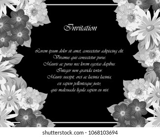 Beautiful monochrome floral frame on black background. For your postcard design, invitations and greeting cards for birthday, wedding, Valentine's day, party or celebration. Vector illustration.
