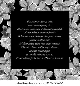 beautiful monochrome floral frame on black background. For your design of greeting cards, birthday cards and invitations, wedding, Valentine's day, party. Vector illustration.