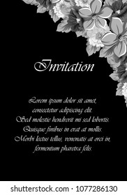 beautiful monochrome floral frame on black background. For your design of greeting cards, birthday cards and invitations, wedding, Valentine's day, party. Vector illustration.