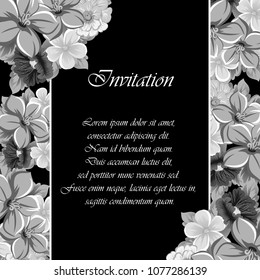 beautiful monochrome floral frame on black background. For your design of greeting cards, birthday cards and invitations, wedding, Valentine's day, party. Vector illustration.