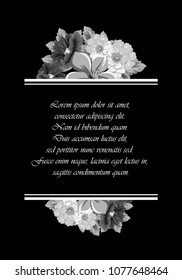 beautiful monochrome floral frame on black background. For your design of greeting cards, birthday cards and invitations, wedding, Valentine's day, party. Vector illustration.