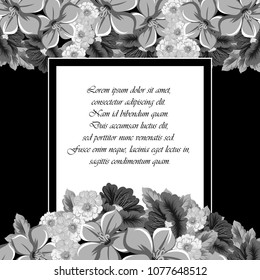 beautiful monochrome floral frame on black background. For your design of greeting cards, birthday cards and invitations, wedding, Valentine's day, party. Vector illustration.