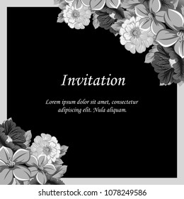 beautiful monochrome floral frame on black background. For your design of greeting cards, birthday cards and invitations, wedding, Valentine's day, party. Vector illustration.