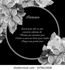 beautiful monochrome floral frame on black background. For your design of greeting cards, birthday cards and invitations, wedding, Valentine's day, party. Vector illustration.