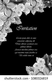 beautiful monochrome floral frame on black background. For your design of greeting cards, birthday cards and invitations, wedding, Valentine's day, party. Vector illustration.