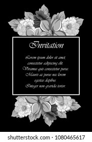 beautiful monochrome floral frame on black background. For your design of greeting cards, birthday cards and invitations, wedding, Valentine's day, party. Vector illustration.