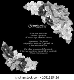 beautiful monochrome floral frame on black background. For your design of greeting cards, birthday cards and invitations, wedding, Valentine's day, party. Vector illustration.