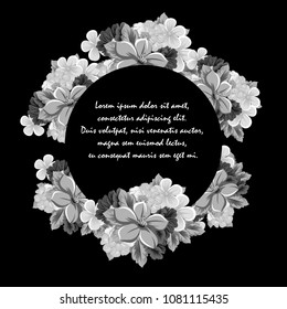 beautiful monochrome floral frame on black background. For your design of greeting cards, birthday cards and invitations, wedding, Valentine's day, party. Vector illustration.