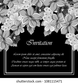 beautiful monochrome floral frame on black background. For your design of greeting cards, birthday cards and invitations, wedding, Valentine's day, party. Vector illustration.