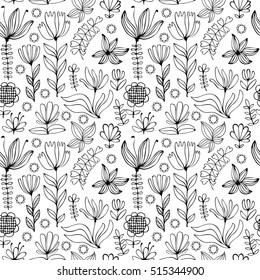 Beautiful monochrome floral ornament. Vector seamless pattern.