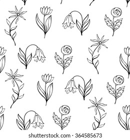Beautiful monochrome Flower set, Vector seamless pattern.