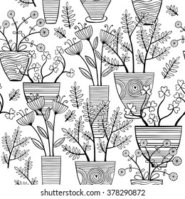 Beautiful monochrome Flowers In Pots. Vector seamless pattern.