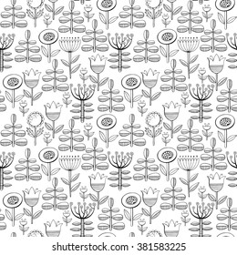 Beautiful monochrome Flowers set, Vector seamless pattern.