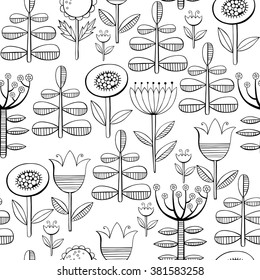 Beautiful monochrome Flowers set, Vector seamless pattern.