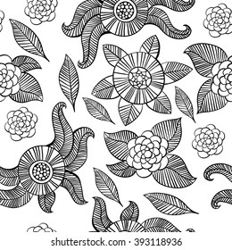 Beautiful monochrome Flowers set, Vector seamless pattern.