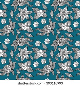 Beautiful monochrome Flowers set, Vector seamless pattern.