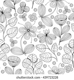 Beautiful monochrome Flowers set, Vector seamless pattern.
