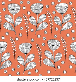 Beautiful monochrome Flowers set, Vector seamless pattern.
