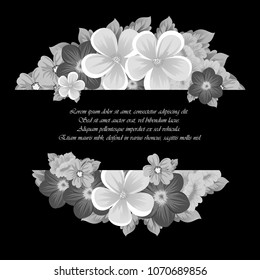 Beautiful monochrome frame of flowers on black background. For your design of postcards, invitations, greeting cards for wedding, birthday, party, Valentine's day. Vector illustration.