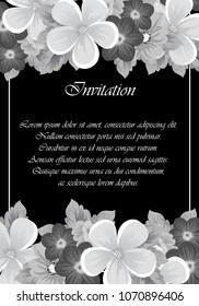 Beautiful monochrome frame of flowers on black background. For your design of postcards, invitations, greeting cards for wedding, birthday, party, Valentine's day. Vector illustration.