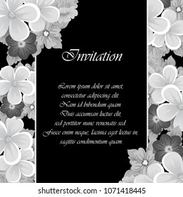 Beautiful monochrome frame of flowers on black background. For your design of postcards, invitations, greeting cards for wedding, birthday, party, Valentine's day. Vector illustration.