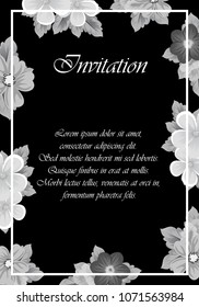 Beautiful monochrome frame of flowers on black background. For your design of postcards, invitations, greeting cards for wedding, birthday, party, Valentine's day. Vector illustration.