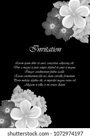 Beautiful monochrome frame of flowers on black background. For your design of postcards, invitations, greeting cards for wedding, birthday, party, Valentine's day. Vector illustration.