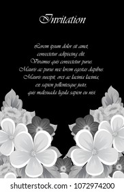 Beautiful monochrome frame of flowers on black background. For your design of postcards, invitations, greeting cards for wedding, birthday, party, Valentine's day. Vector illustration.