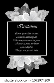 Beautiful monochrome frame of flowers on black background. For your design of postcards, invitations, greeting cards for wedding, birthday, party, Valentine's day. Vector illustration.