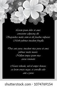 Beautiful monochrome frame of flowers on black background. For your design of postcards, invitations, greeting cards for wedding, birthday, party, Valentine's day. Vector illustration.