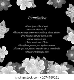 Beautiful monochrome frame of flowers on black background. For your design of postcards, invitations, greeting cards for wedding, birthday, party, Valentine's day. Vector illustration.