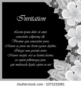 Beautiful monochrome frame of flowers on black background. For your design of postcards, invitations, greeting cards for wedding, birthday, party, Valentine's day. Vector illustration.