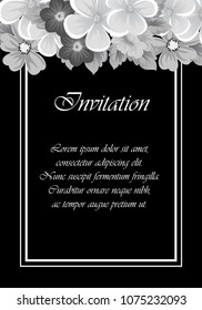Beautiful monochrome frame of flowers on black background. For your design of postcards, invitations, greeting cards for wedding, birthday, party, Valentine's day. Vector illustration.