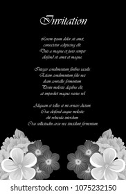 Beautiful monochrome frame of flowers on black background. For your design of postcards, invitations, greeting cards for wedding, birthday, party, Valentine's day. Vector illustration.
