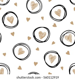 beautiful monochrome gold, black and white seamless pattern with doodling sketch heart. design for holiday greeting card and invitation of the wedding, Valentine's day and Happy love day