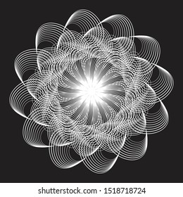 Beautiful monochrome guilloche. Abstract shape with lots of white blending lines in radial composition on black background. Creative emblem, rosette. Poster, postcard print. Modern floral illustration