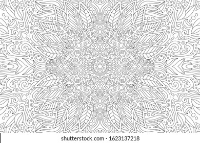 Beautiful monochrome illustration for adult coloring book with rectangle floral linear pattern