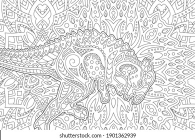 Beautiful monochrome illustration for adult coloring book page with stylized dinosaur silhouette on the abstract detailed linear pattern