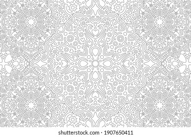 Beautiful monochrome illustration for adult coloring book with abstract linear detailed pattern with heart shapes