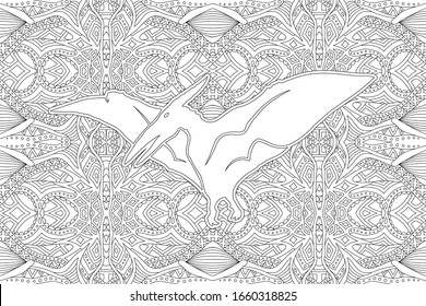 Beautiful monochrome illustration for coloring book page with white pterodactyl silhouette on the abstract geometric linear background