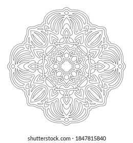 Beautiful monochrome illustration for coloring book page with linear abstract mandala isolated on the white background